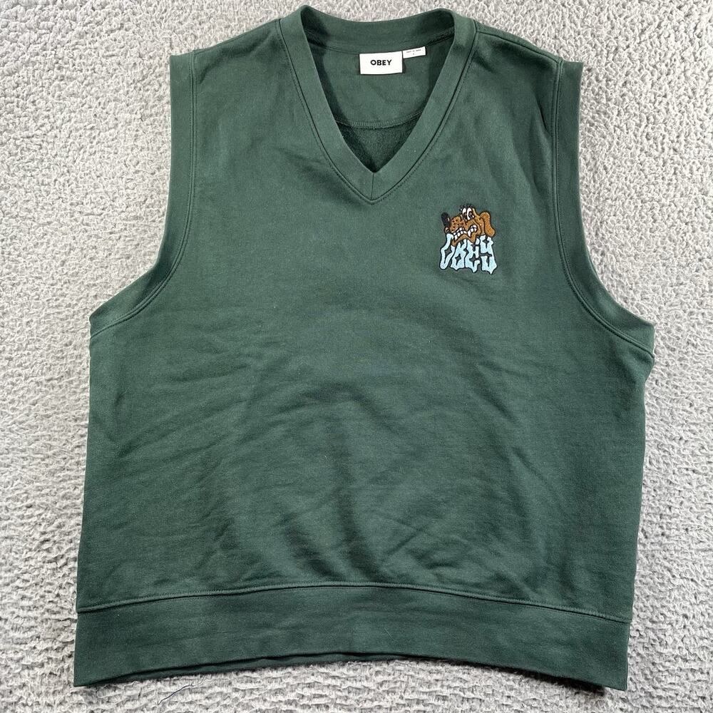 OBEY SWEATER VEST MENS LARGE GREEN V NECK EMBROIDERED DOG LOGO 100% COTTON